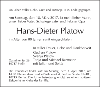 Traueranzeige von Hans-Dieter Platow von Tagesspiegel