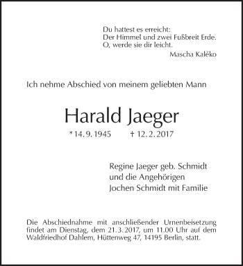 Traueranzeige von Harald Jaeger von Tagesspiegel