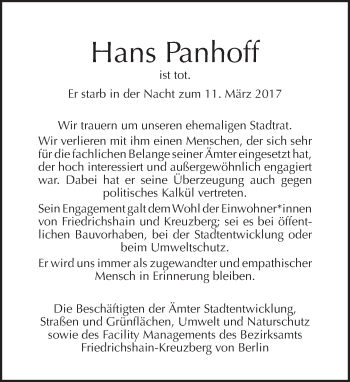 Traueranzeige von Hans Panhoff von Tagesspiegel