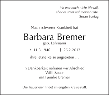 Traueranzeige von Barbara Bremer von Tagesspiegel