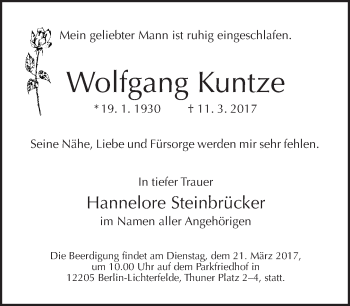 Traueranzeige von Wolfgang Kuntze von Tagesspiegel