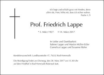 Traueranzeige von Friedrich Lappe von Tagesspiegel