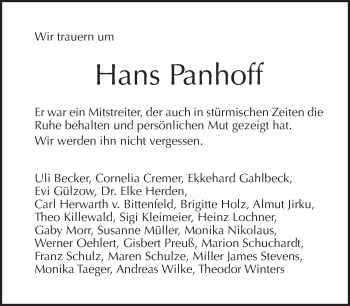 Traueranzeige von Hans Panhoff von Tagesspiegel