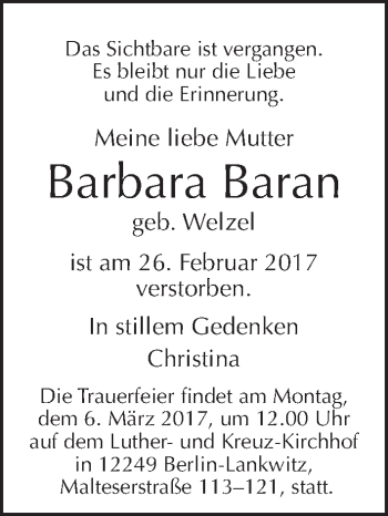 Traueranzeige von Barbara Baran von Tagesspiegel