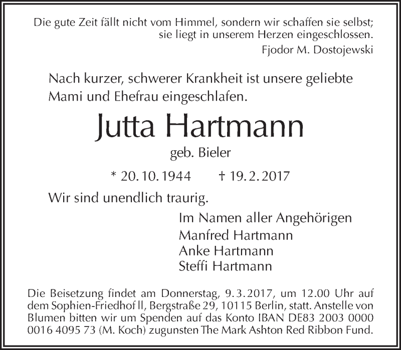  Traueranzeige für Jutta Hartmann vom 05.03.2017 aus Tagesspiegel
