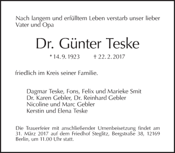 Traueranzeige von Günter Teske von Tagesspiegel