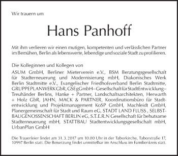 Traueranzeige von Hans Panhoff von Tagesspiegel