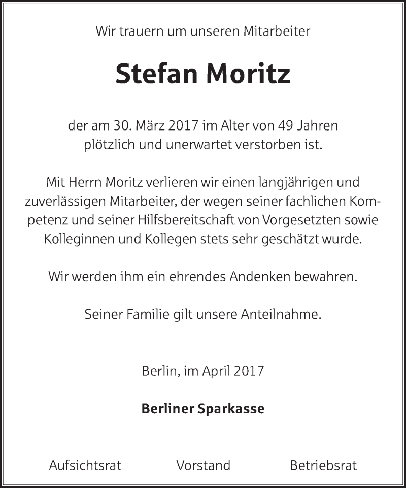  Traueranzeige für Stefan Moritz vom 09.04.2017 aus Tagesspiegel