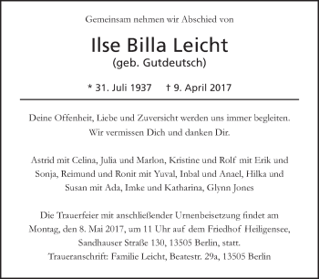 Traueranzeige von Ilse Billa Leicht von Tagesspiegel