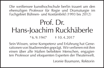 Traueranzeige von Hans-Joachim Ruckhäberle von Tagesspiegel