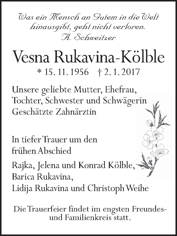  Traueranzeige für Vesna Rukavina-Kölble vom 02.04.2017 aus Tagesspiegel