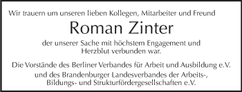 Traueranzeige von Roman Zinter von Tagesspiegel