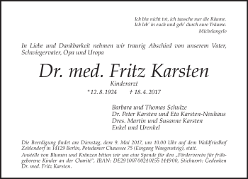 Traueranzeige von Fritz Karsten von Tagesspiegel