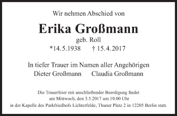 Traueranzeige von Erika Großmann von Tagesspiegel