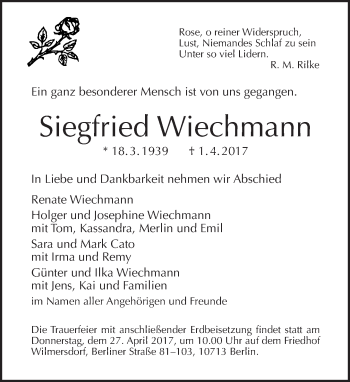 Traueranzeige von Siegfried Wiechmann von Tagesspiegel