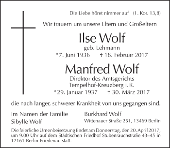 Traueranzeige von Ilse und Manfred Wolf von Tagesspiegel