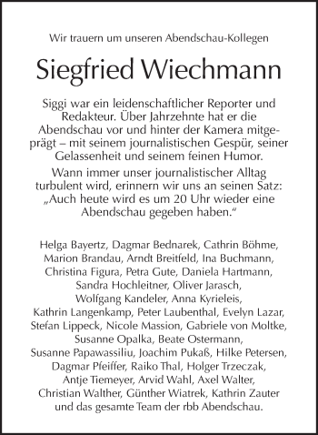 Traueranzeige von Siegfried Wiechmann von Tagesspiegel