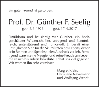 Traueranzeige von Günther Seelig von Tagesspiegel