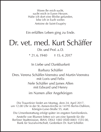 Traueranzeige von Kurt Schäffer von Tagesspiegel