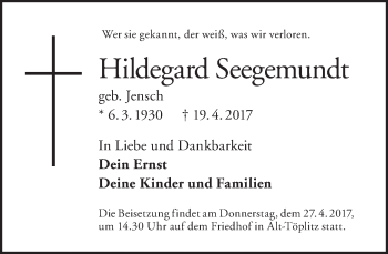 Traueranzeige von Hildegard Seegemundt von Tagesspiegel