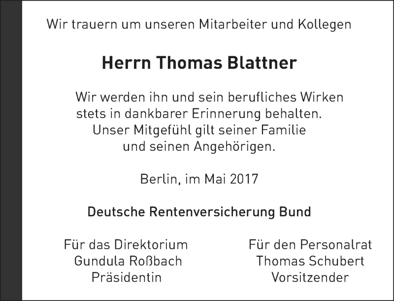  Traueranzeige für Thomas Blattner vom 28.05.2017 aus Tagesspiegel