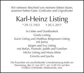 Traueranzeige von Karl-Heinz Listing von Tagesspiegel