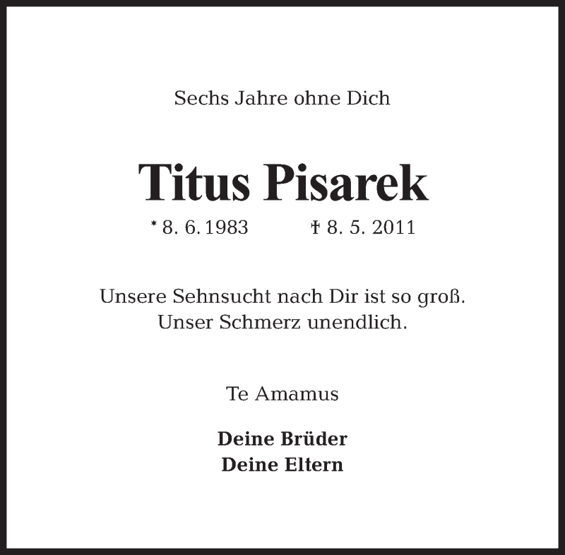  Traueranzeige für Titus Pisarek vom 08.05.2017 aus Tagesspiegel