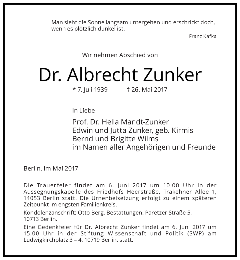  Traueranzeige für Albrecht Zunker vom 31.05.2017 aus Tagesspiegel