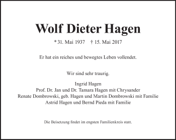 Traueranzeige von Wolf Dieter Hagen von Tagesspiegel