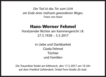 Traueranzeige von Hans-Werner Fehmel von Tagesspiegel