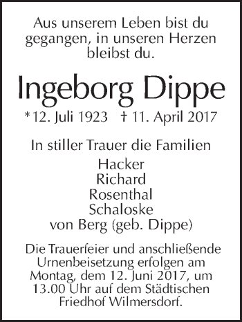 Traueranzeige von Ingeborg Dippe von Tagesspiegel