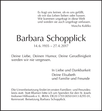 Traueranzeige von Barbara Schopplick von Tagesspiegel