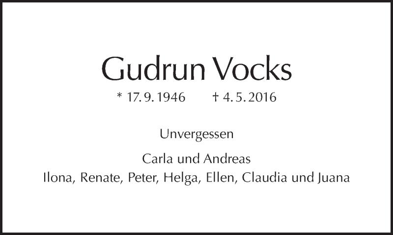  Traueranzeige für Gudrun Vocks vom 07.05.2017 aus Tagesspiegel