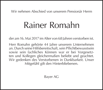 Traueranzeige von Rainer Romahn von Tagesspiegel