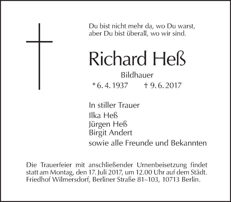  Traueranzeige für Richard Heß vom 18.06.2017 aus Tagesspiegel