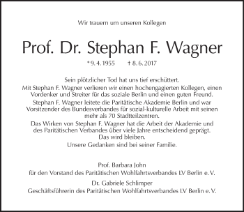 Traueranzeige von Stephan F. Wagner von Tagesspiegel