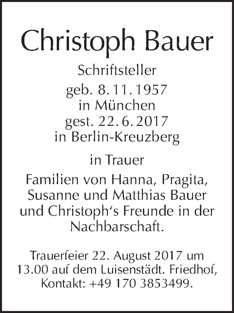  Traueranzeige für Christoph Bauer vom 02.07.2017 aus Tagesspiegel