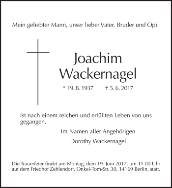 Traueranzeige von Joachim Wackernagel von Tagesspiegel