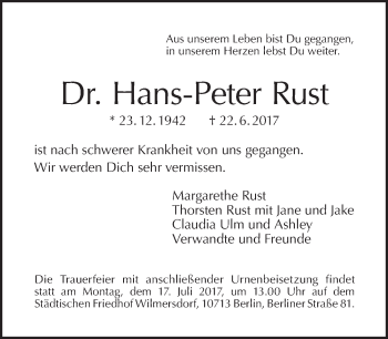 Traueranzeige von Hans-Peter Rust von Tagesspiegel