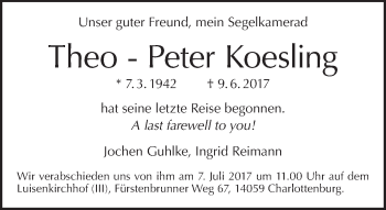 Traueranzeige von Theo-Peter Koesling von Tagesspiegel