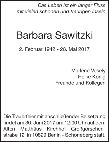 Traueranzeige von Barbara Sawitzki von Tagesspiegel