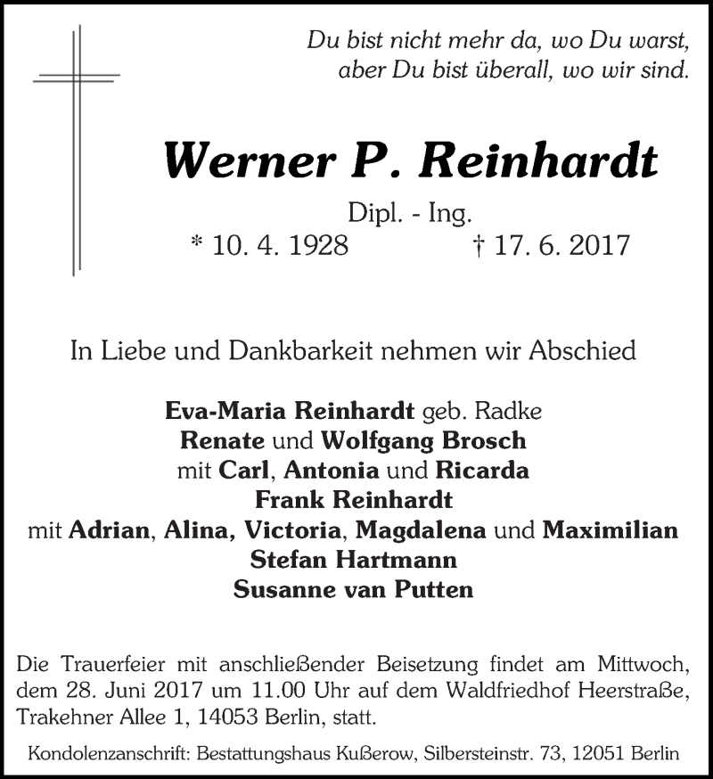  Traueranzeige für Werner P. Reinhardt vom 25.06.2017 aus Tagesspiegel