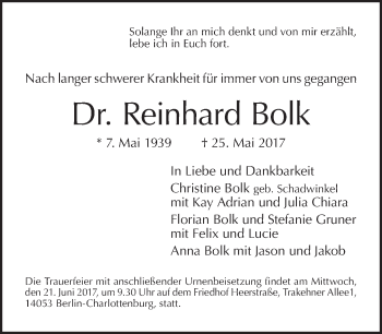 Traueranzeige von Reinhard Bolk von Tagesspiegel