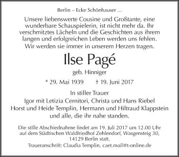 Traueranzeige von Ilse Pagé von Tagesspiegel