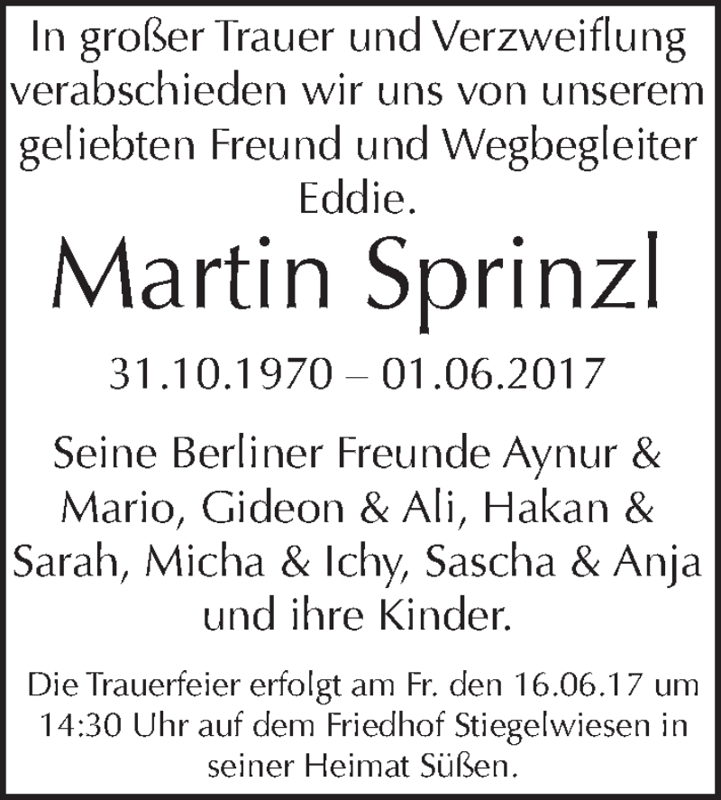  Traueranzeige für Martin Sprinzl vom 13.06.2017 aus Tagesspiegel