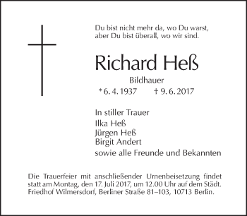 Traueranzeige von Richard Heß von Tagesspiegel