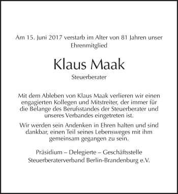 Traueranzeige von Klaus Maak von Tagesspiegel