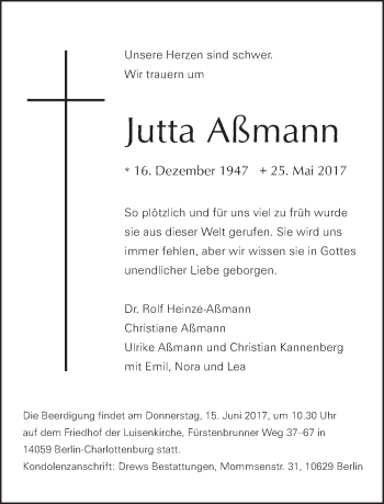 Traueranzeige von Jutta Aßmann von Tagesspiegel
