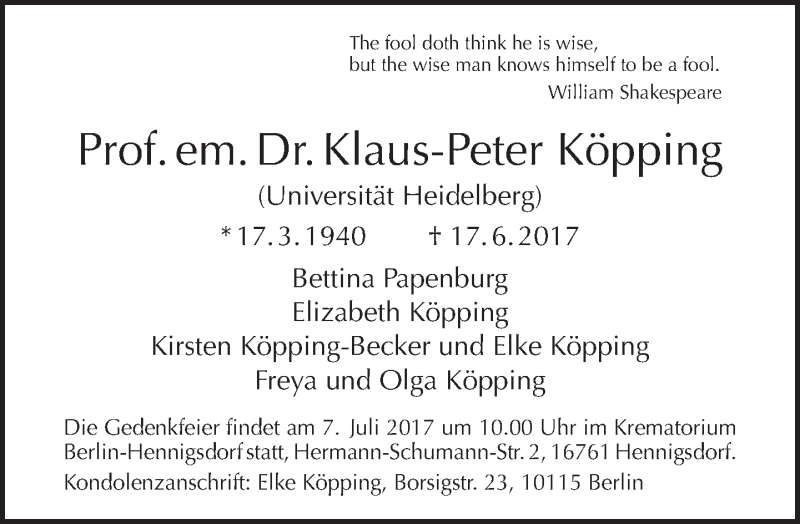  Traueranzeige für Klaus-Peter Köpping vom 25.06.2017 aus Tagesspiegel