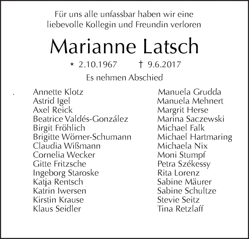  Traueranzeige für Marianne Latsch vom 18.06.2017 aus Tagesspiegel